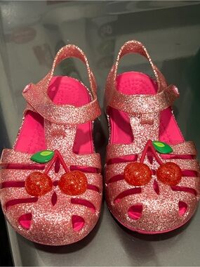 CROCS Girls' Sparkle Pink Jelly Sandals with Cherry Charms